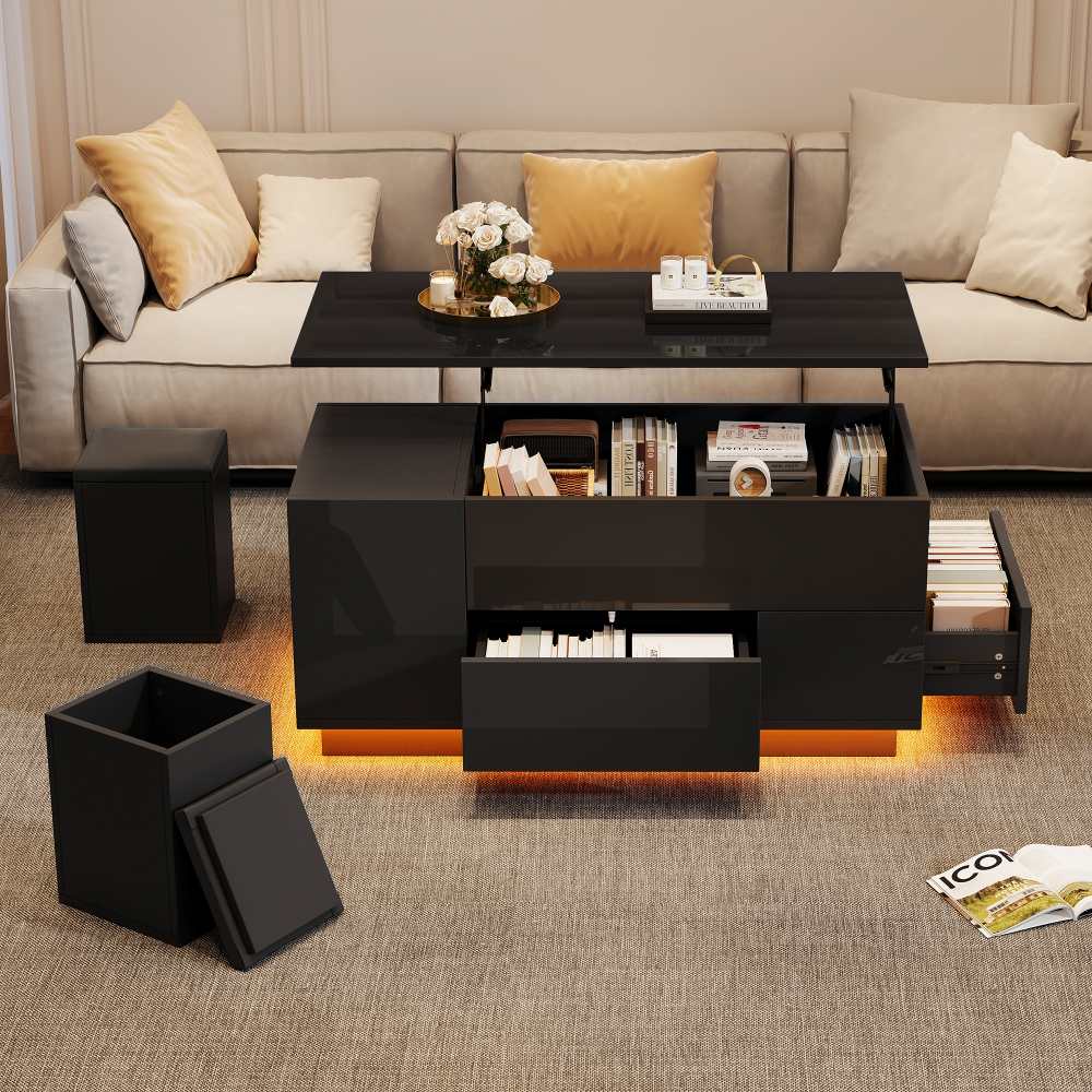 Couchtisch 4 w 1 czarny 100x50x45 cm, regulowany stolik kawowy z oświetleniem LED, 2 szuflady, ukryte miejsce do przechowywania, w zestawie 2 hokery