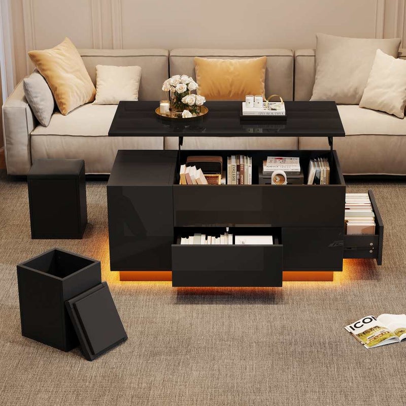 Couchtisch 4 w 1 czarny 100x50x45 cm, regulowany stolik kawowy z oświetleniem LED, 2 szuflady, ukryte miejsce do przechowywania, w zestawie 2 hokery
