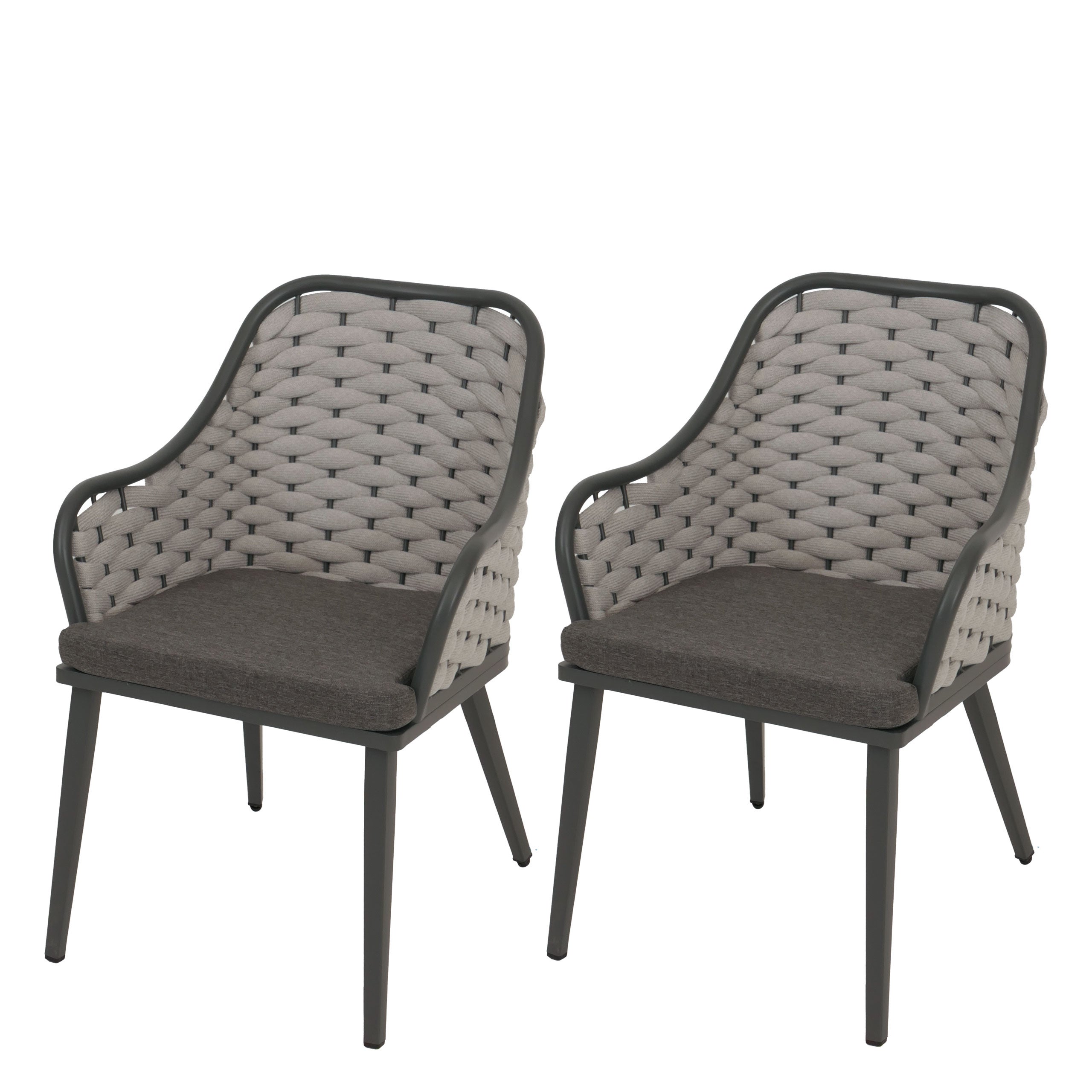 Zestaw 2 aluminiowych krzeseł ogrodowych HWC-O16, krzesło zewnętrzne, splot linowy Olefin (200 g/m²) Lina ~ jasnoszary Poduszki ciemnoszary