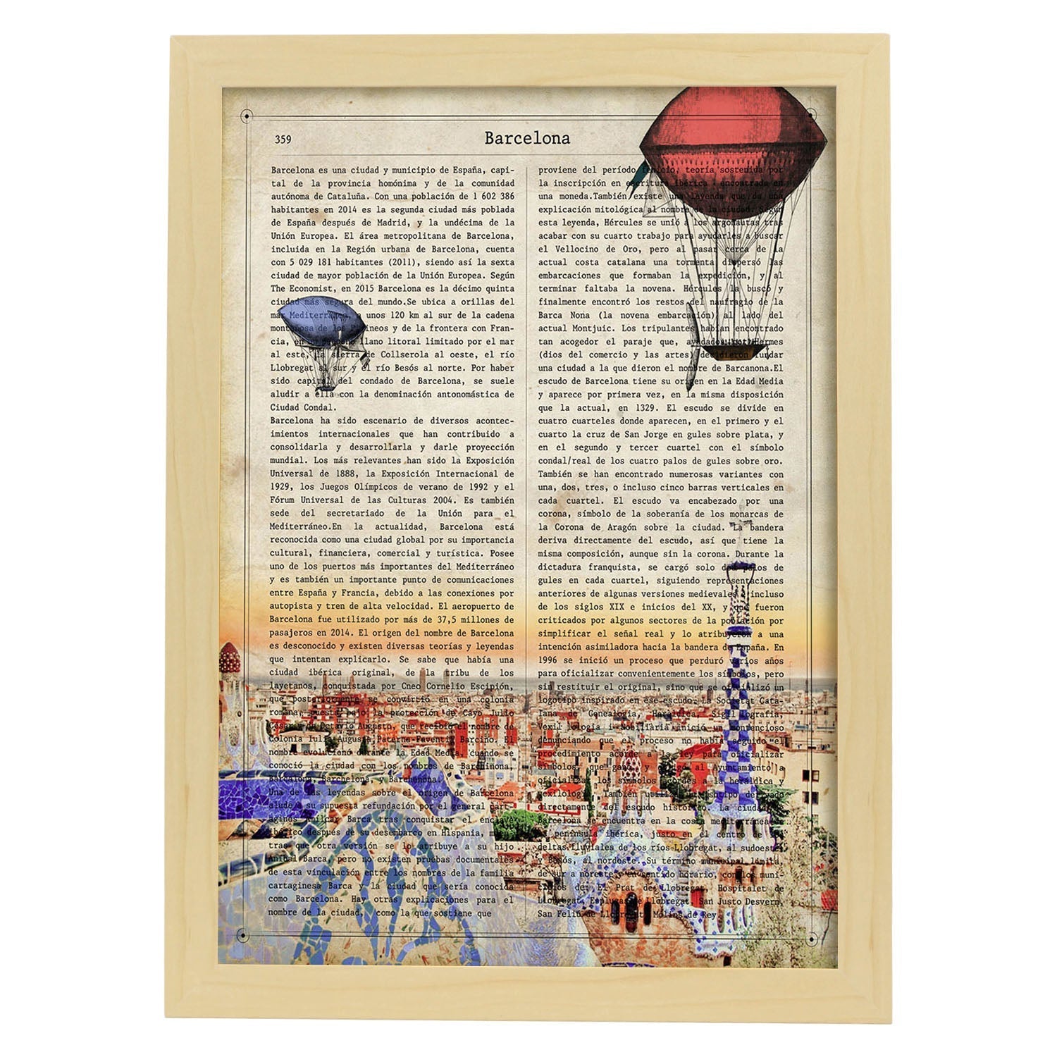 Lamina ciudad de barcelona. estilo vintage. ilustracion, fotografia y collage con la historia de barcelona. marco blanco - a3