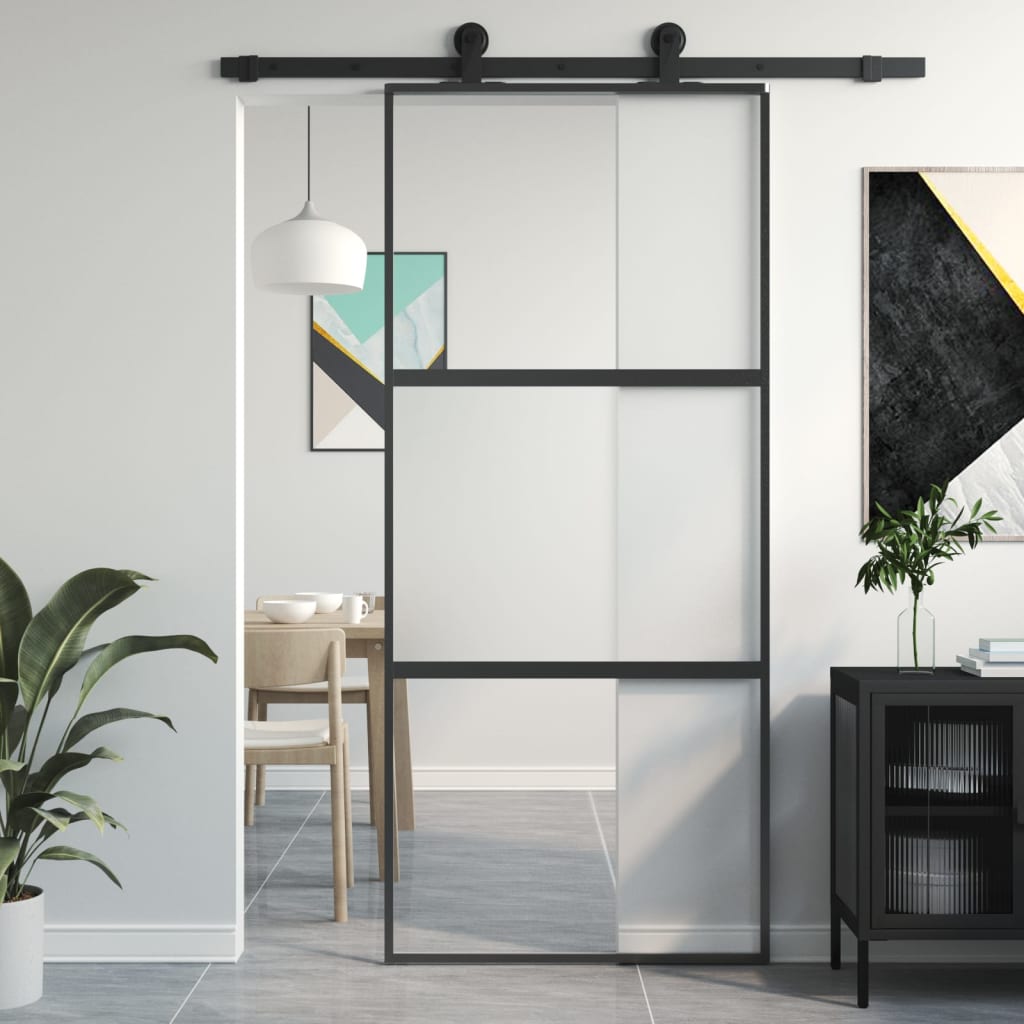 Puerta corredera | Puerta de la cocina vidrio templado y aluminio negra 90x205 cm CFW31217 - 2