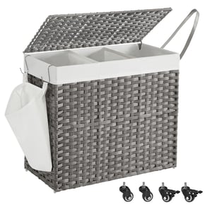 Panier à Linge avec Couvercle, 160L, Corbeille Linge Sale Tressé, avec Roulettes, 3 Compartiments, 70 x 36 x 66 cm, Gris