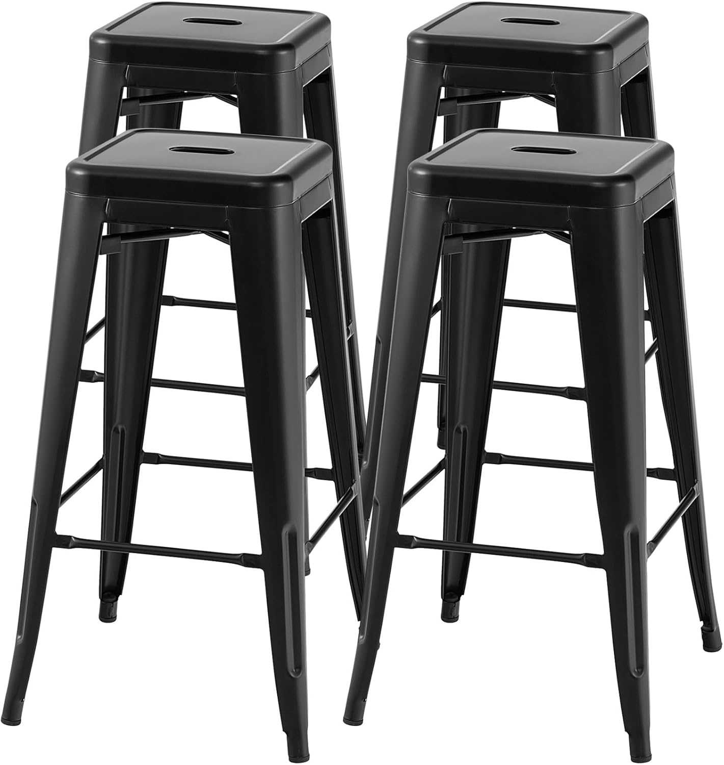 Zestaw 4 Sztuk Stołków Barowych do Układania w Stosy, Krzesło Barowe z Podnóżkiem, Wysokość Siedziska 76.5 cm, Podkładki Ochronne, taboret (Czarny)