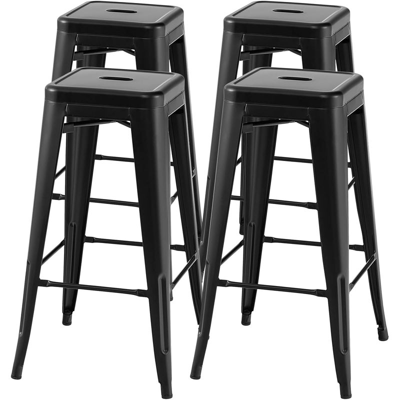 Zestaw 4 Sztuk Stołków Barowych do Układania w Stosy, Krzesło Barowe z Podnóżkiem, Wysokość Siedziska 76.5 cm, Podkładki Ochronne, taboret (Czarny)