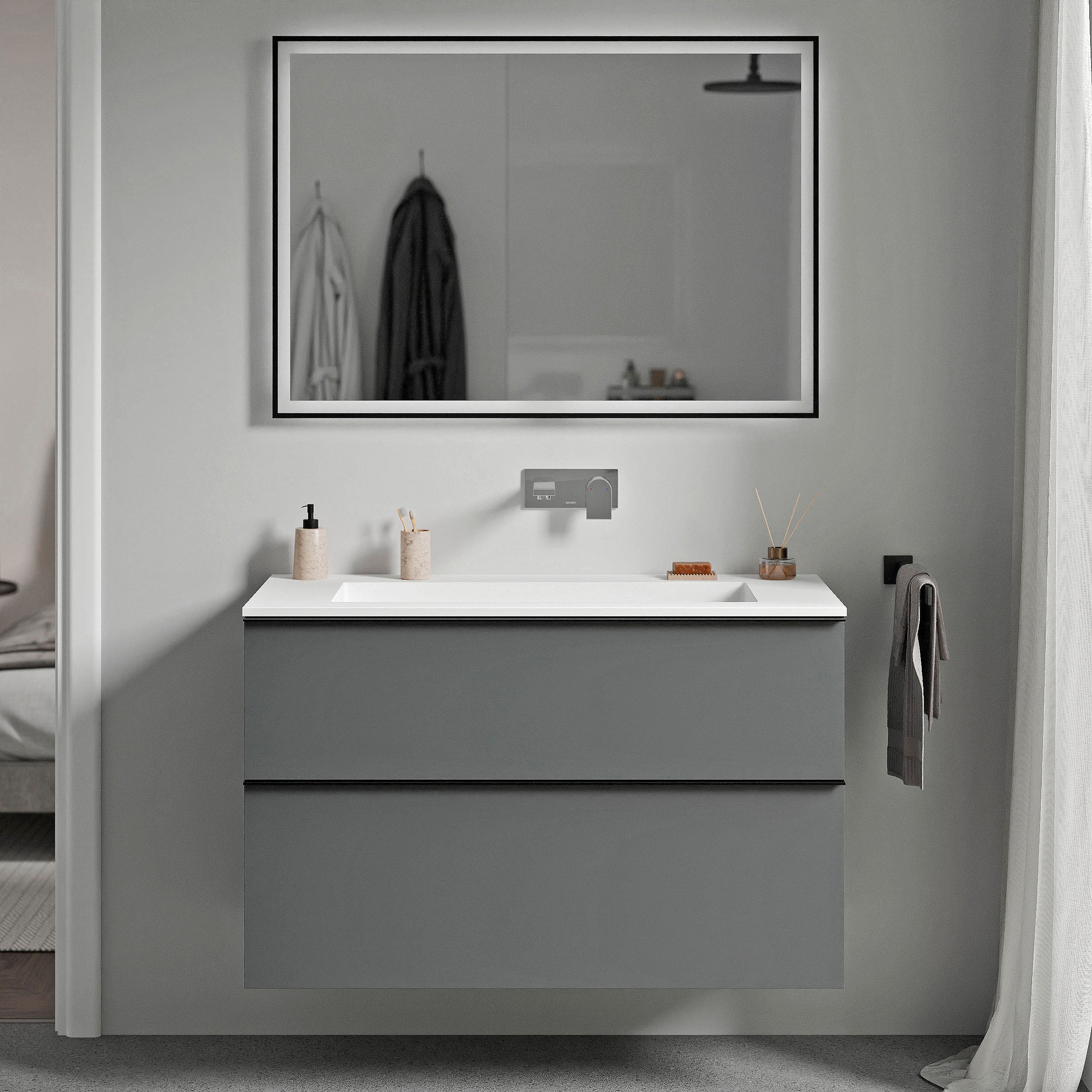 Bernstein - mueble lavabo suspendido mdf antracita mate, lavabo fundición blanco mate sin orificio grifería, tirador antracita mate 80x46x62cm - lavoa