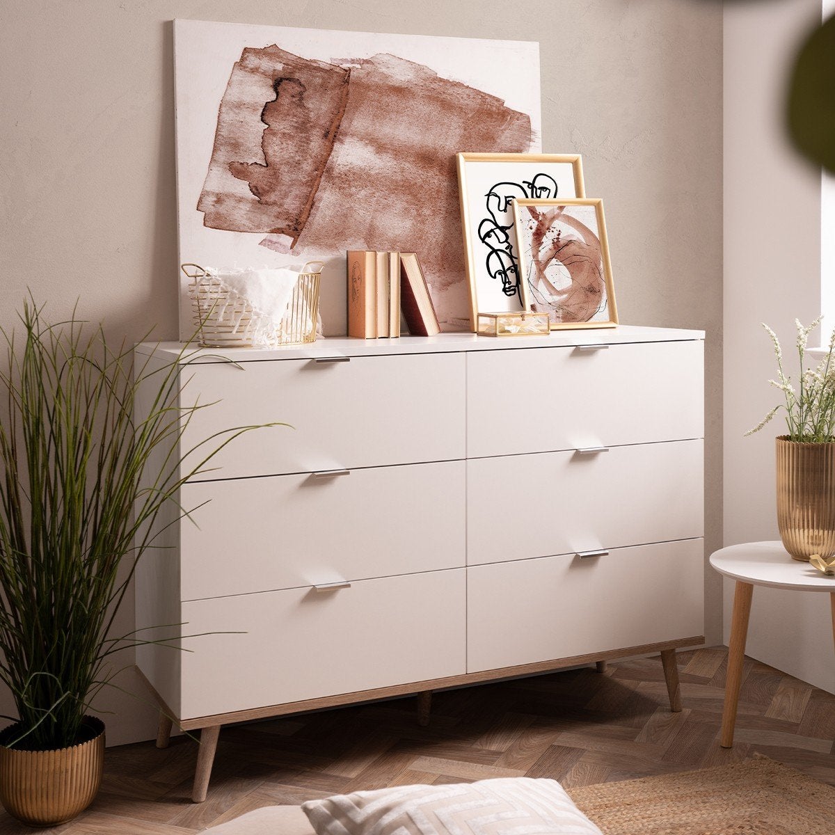 Commode Göteborg 6 tiroirs - Décor chene sonoma Blanc - L 120 x P 40 x H 86,5 cm - 6