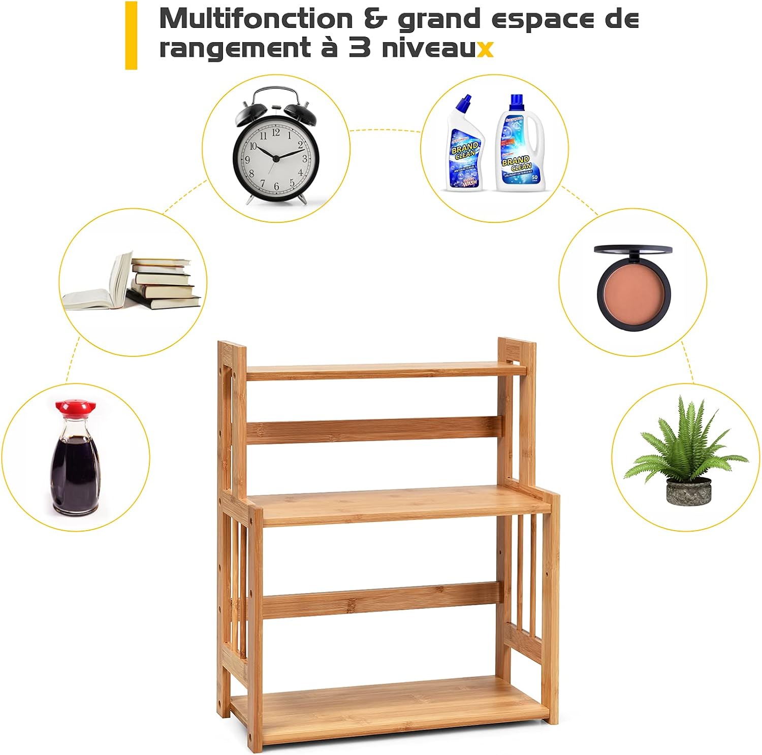 Étagère à Épices en Bambou Naturel, Porte-Épice à 3 Niveaux avec Tablette Réglable en Hauteur, Étagère de Rangement pour Cuisine, 41,5x18x50 CM - 5