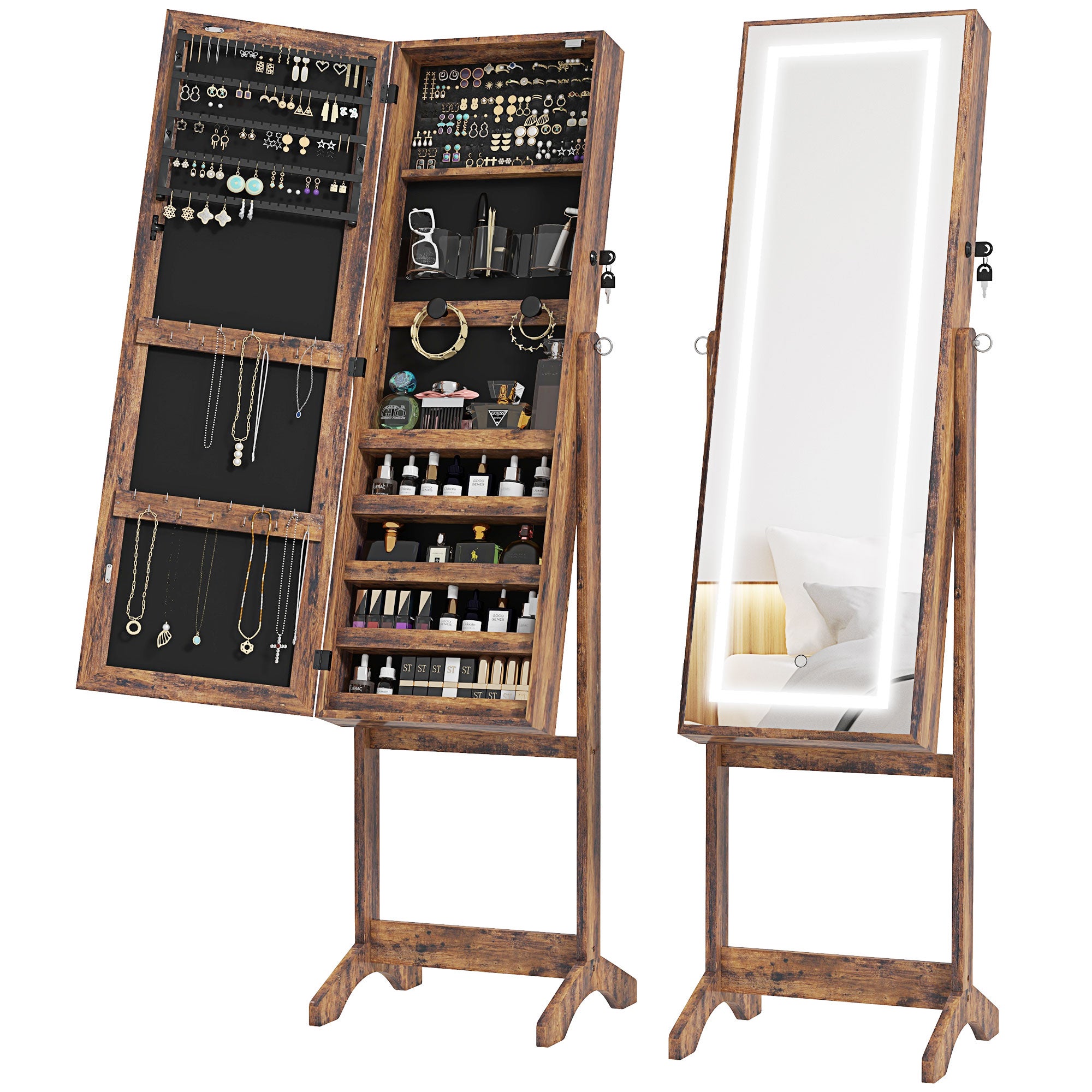 Armario joyero con luz LED, organizador de joyas con cerradura y espejo ...