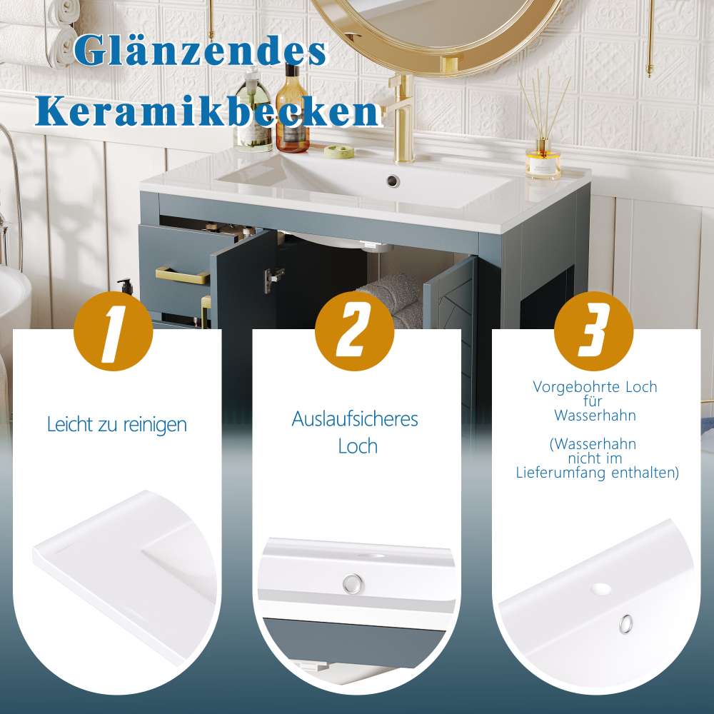 Meuble sous-vasque moderne avec lavabo en céramique, 2 tiroirs, rangement spacieux 76,5×46,5×84 cm - 9