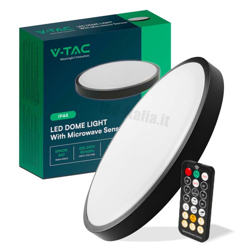 Okrągła lampa sufitowa LED V-TAC 36W z pilotem, z czujnikiem ruchu, w kolorze czarnym, naturalnym, białym, IP44