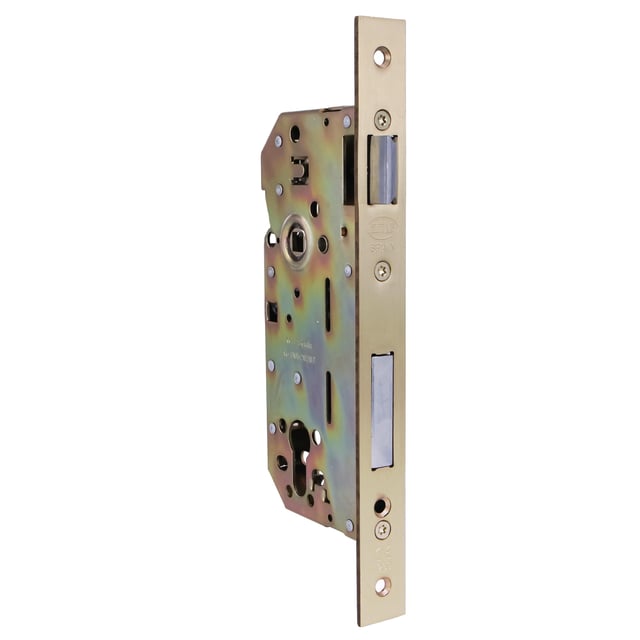Amig - Serratura da incasso per porte in legno | Con frontale e supporto a bordo quadrato | Entrata 50 mm | Serratura reversibile | Acciaio | Dorato |