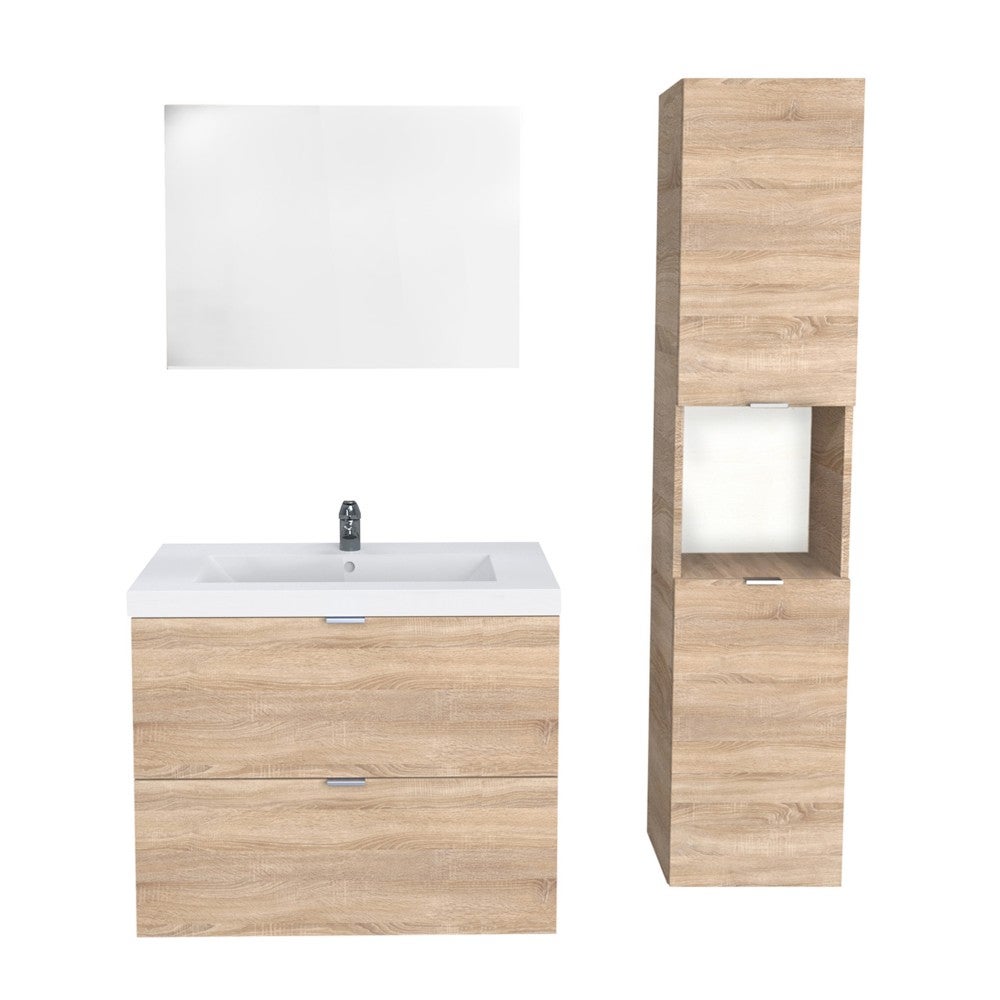 Meuble sous vasque MALAGA 80 cm + vasque + miroir + colonne / Décor Chêne blanchi - 2