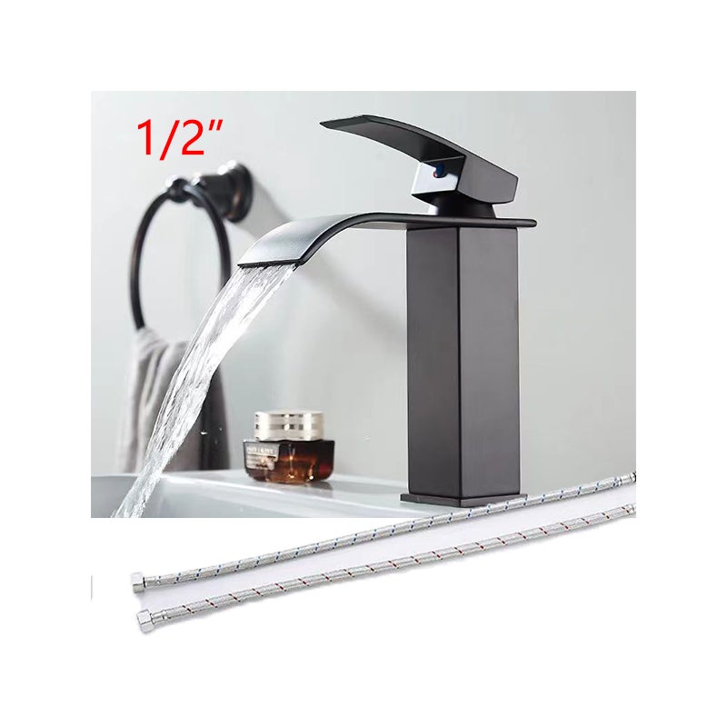 Nowoczesna bateria zlewozmywakowa 1/2 cala, bateria łazienkowa, bateria kuchenna, czarna bateria zlewozmywakowa z 2 wężami doprowadzającymi wodę