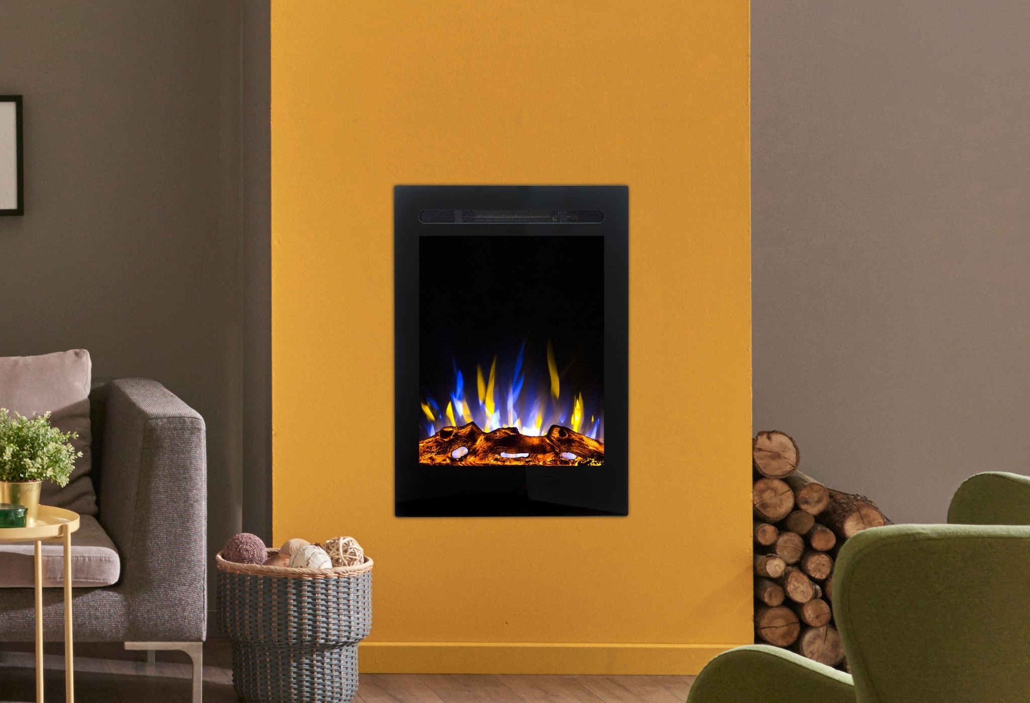 Kominek elektryczny AFLAMO Majestic 32 - ogień premium - na ścianę i do zabudowy - 47x66x14 cm - dekoracyjny kominek LED z grzaniem 750/1500 W