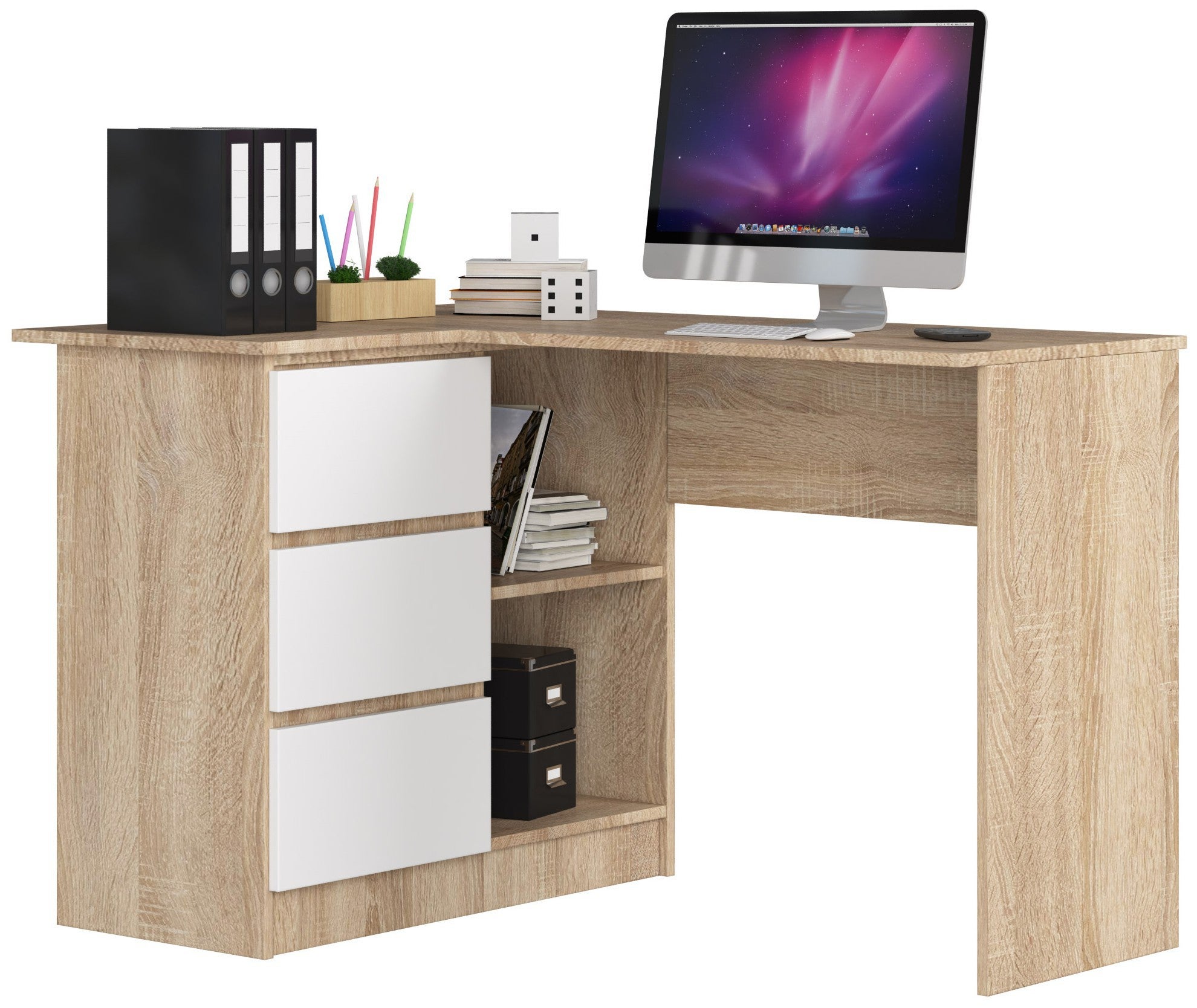Biurko narożne AKORD B16 Dąb Sonoma 124 cm lewe 3 szuflady kolor Biały mat 2 półki 124x85x77 cm