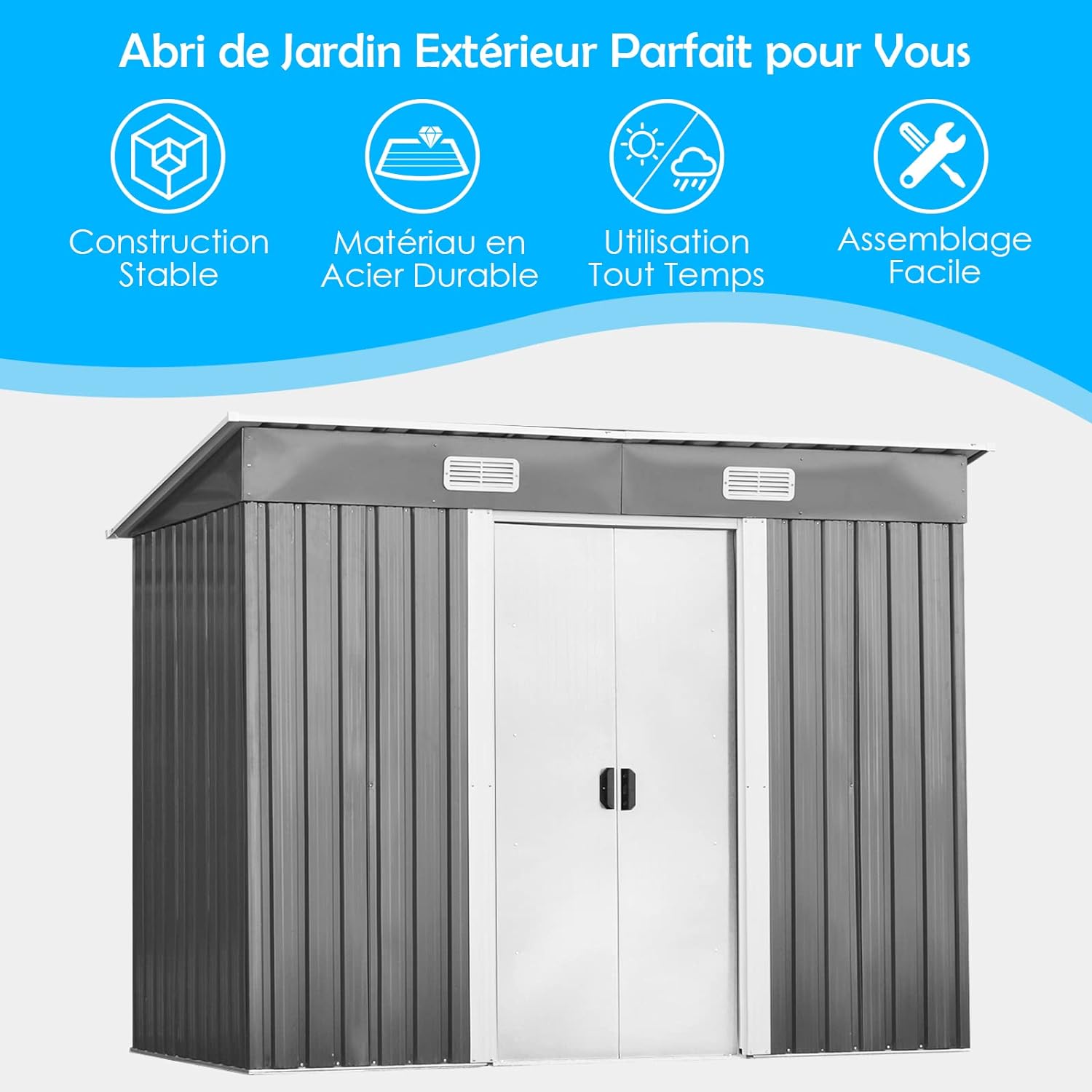 2.97M² Abri de Jardin en Métal,Cabane à Outils en Tôle Galvanisée,Remise de Jardin avec Porte Coulissante,Bouches d'Aération,238x131x181cm - 3