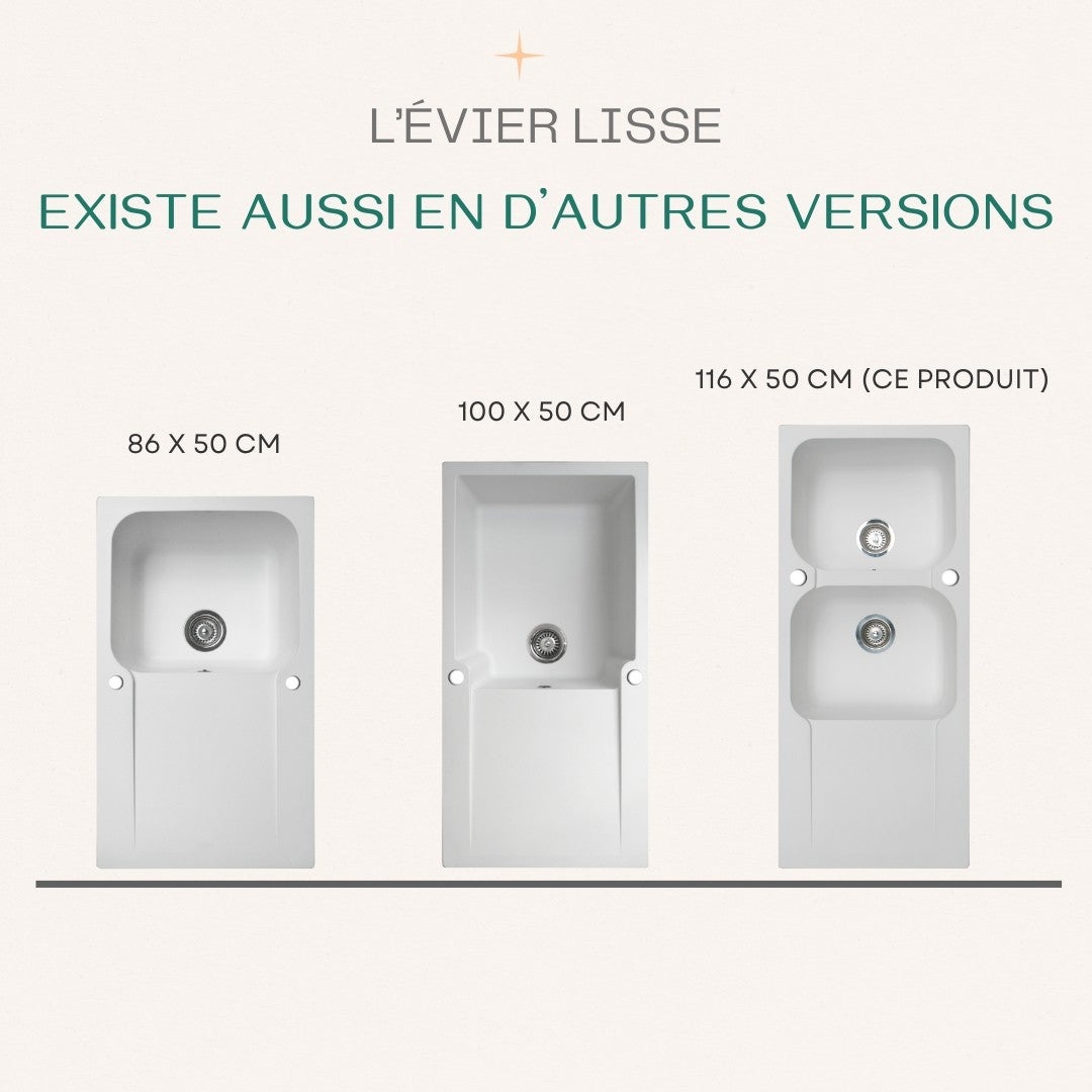 Lisse évier réversible 2 cuves 1 égouttoir en résine blanc - 5