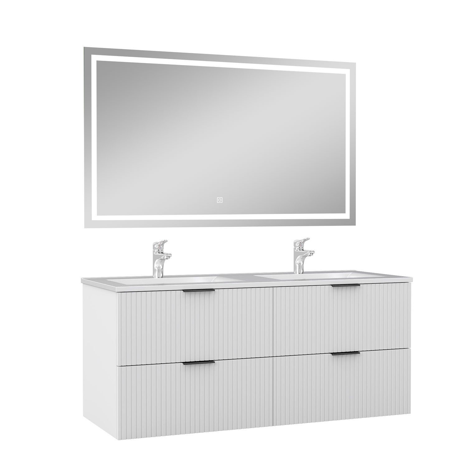 Ensemble Meuble Salle de Bain 120 cm Suspendu avec Miroir LED, 4 Tiroirs à fermeture douce, Double Vasque, Blanc Cannelé - 2