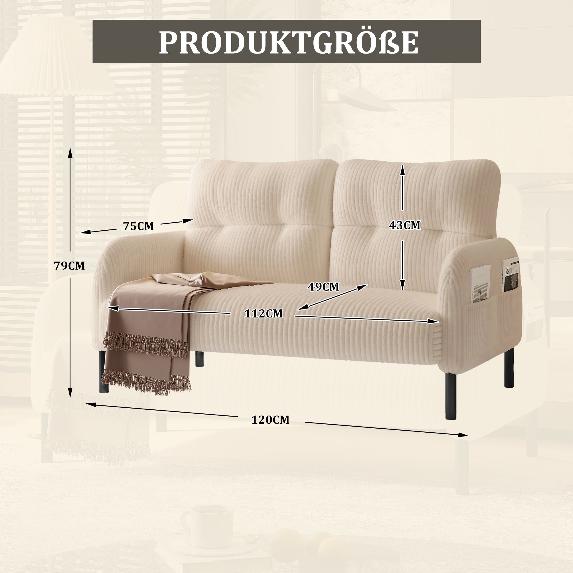 Canapé 2 places velours côtelé - Dossier haut pieds métal poches latérales pour salon/bureau - 3