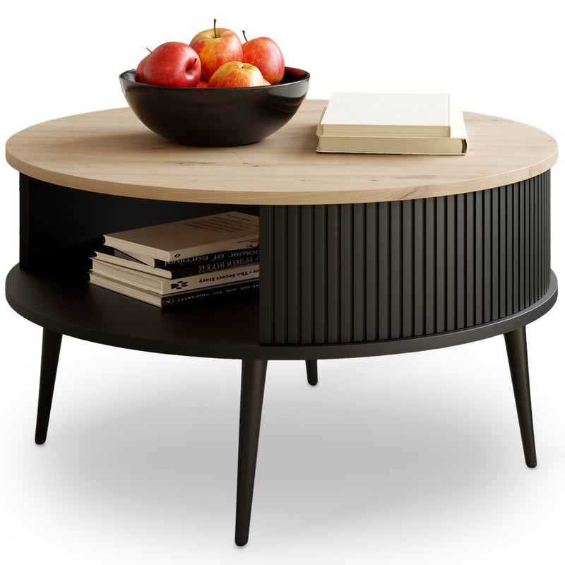 Nowoczesny Stolik Kawowy Okrągły DO SALONU Lamele Czarne DĄB ARTISAN 76 cm