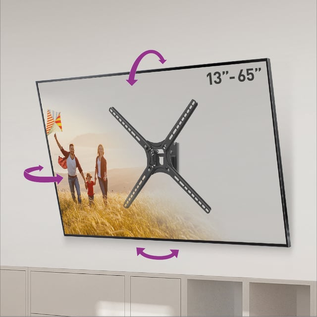 Barkan Support TV Mural pour écrans 13 - 65 Pouces, Inclinable et orientable, Plats & incurvés ecran, Poids max. 40Kg, Breveté, pour LED OLED LCD, jus