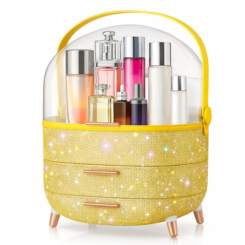 Nettlife luksusowy organizer do makijażu, duży i przenośny, wodoodporny pojemnik na kosmetyki z szufladami i uchwytem, do biura i łazienki złoty