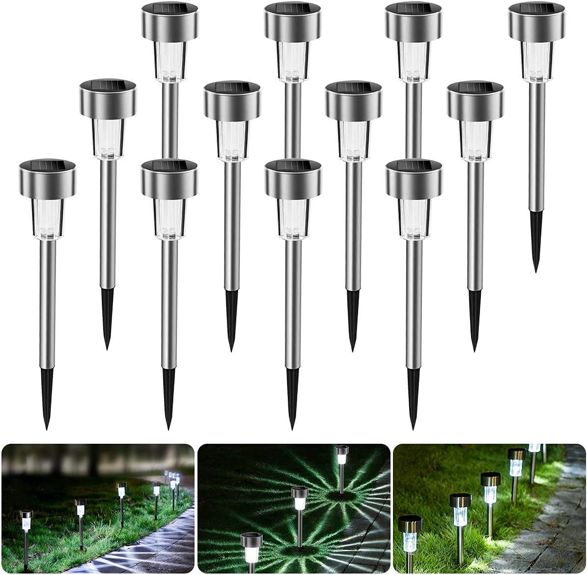 (Białe światło, opakowanie 12 sztuk), Zewnętrzne lampy solarne LED, wodoodporne oświetlenie zewnętrzne ze stali nierdzewnej do tarasów, ogrodów i ści