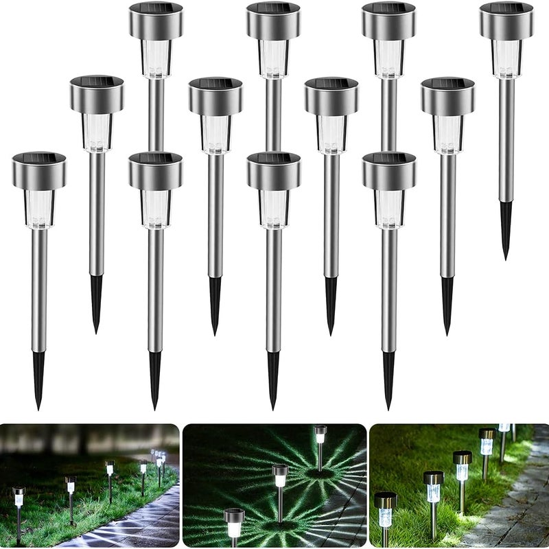(Białe światło, opakowanie 12 sztuk), zewnętrzne lampy solarne LED, małe, wodoodporne lampy rurowe ze stali nierdzewnej do tarasów, ogrodów i ścieżek