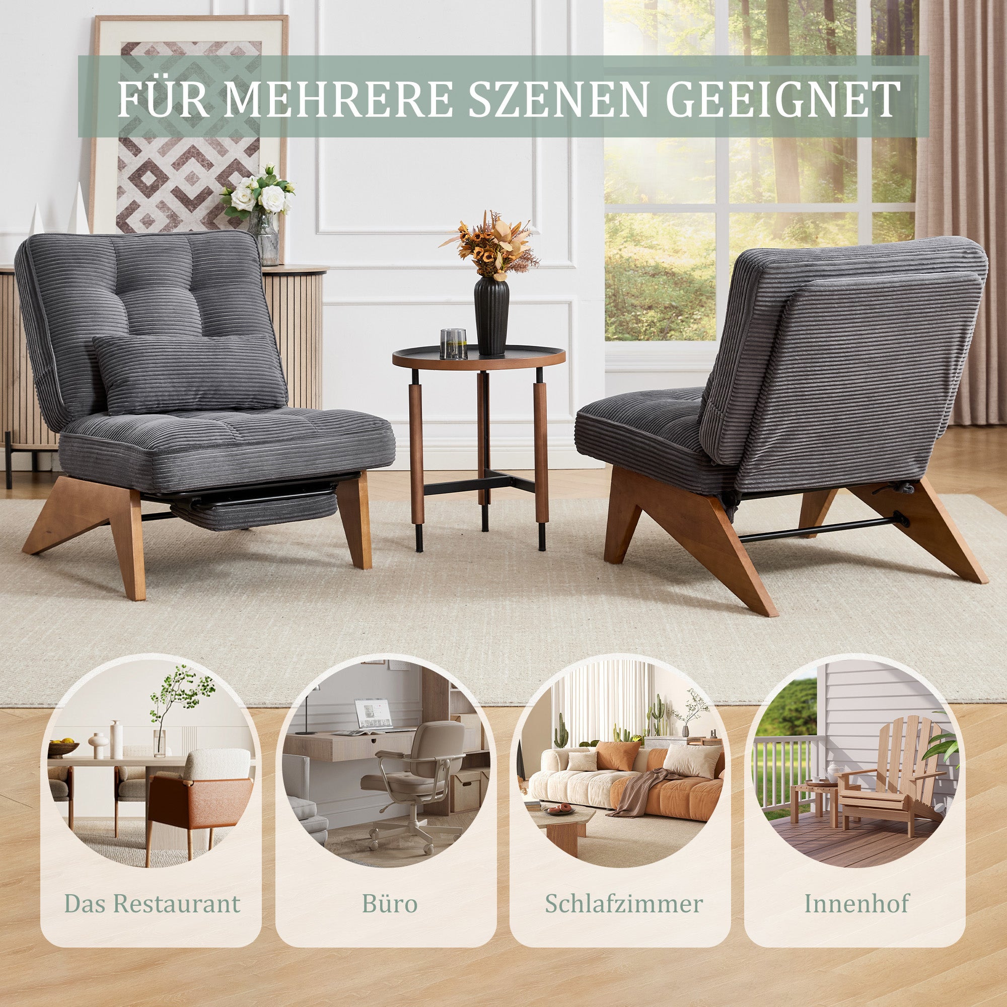 Fauteuil lounge moderne (sans dossier réglable, tissu) : repose-pieds, coussin lombaire, pieds en bois. Salon/chambre/bureau. - 6