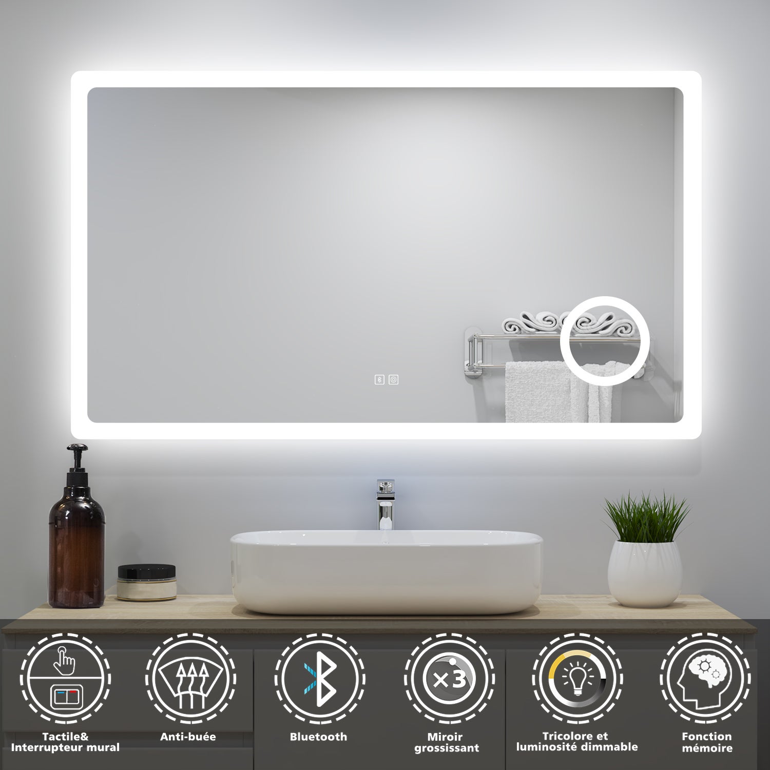 Miroir De Salle De Bain LED Wieden - Bluetooth, Horloge, Interrupteur - Moderne Argenté