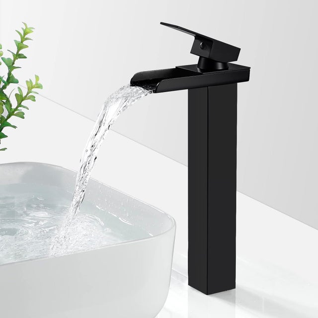 Grifo de baño en cascada negro mate, grifo de lavabo con caño altoEU, grifo de lavabo cuadrado para encimera en latón, agua fría y caliente, G 3/8