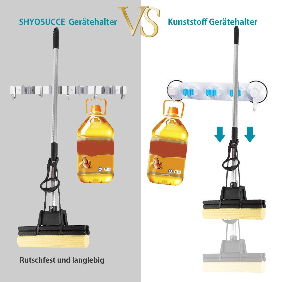 Porte Balai Mural en Acier Inoxydable Accroche Balai Mural avec 4 Emplacements et 5 Crochets pour Cuisine, Salle de Bain, Garage et Jardin, Gris - 4