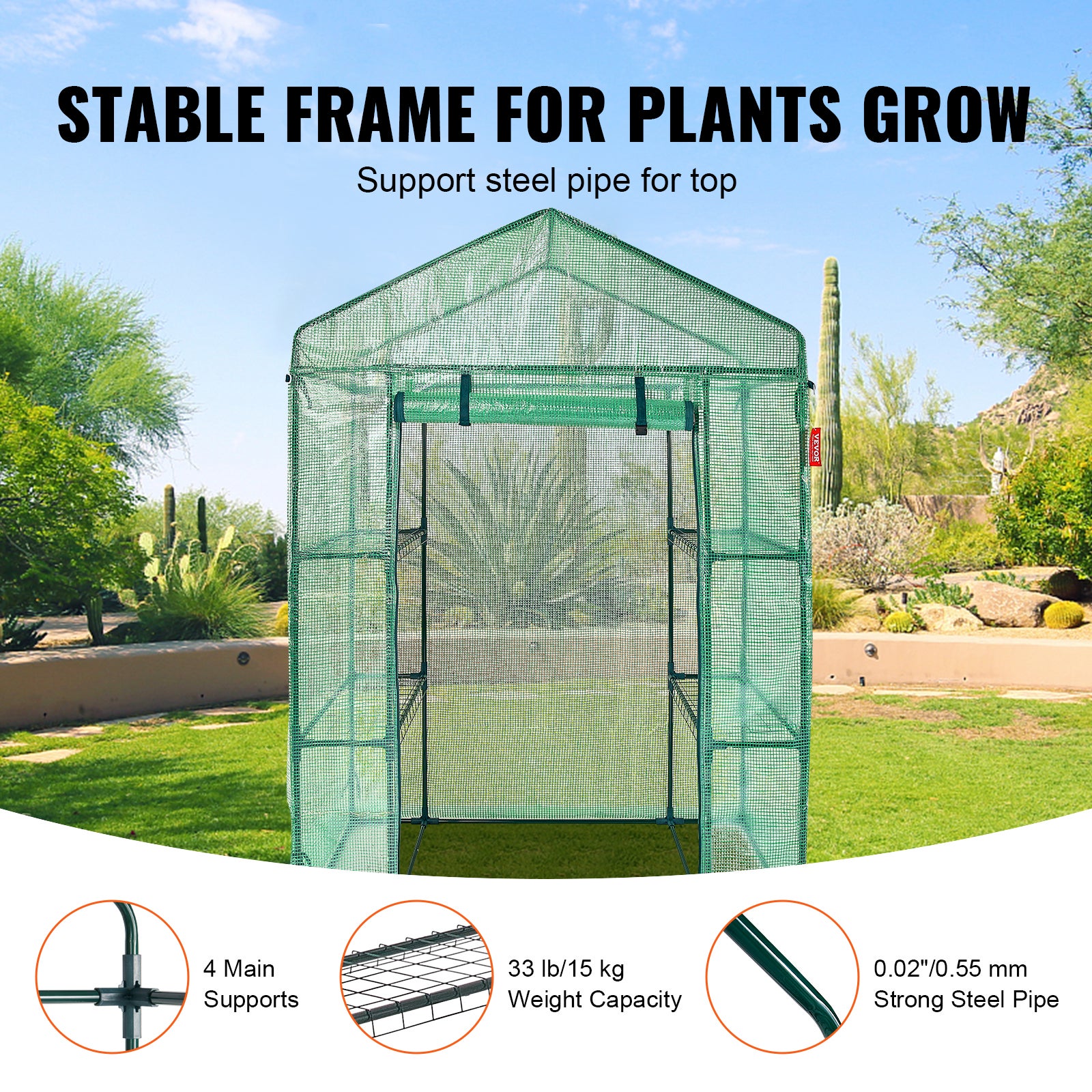 Serre de Jardin VEVOR 141x74,5x205 cm Tente Abri de Plantes avec Étagères Bâche PE Haute Résistance avec Porte et Fenêtres et Cadre en Acier Montage - 3