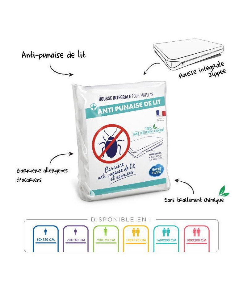 SWEET NIGHT Housse complete pour matelas Anti-acariens Anti punaise de lit - 140 x 190/200 cm - Blanc - 3