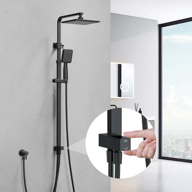 Colonne de Douche Noir Sans Robinetterie, Ensemble de Douche Sans Percement Supplémentaire, Système de Douche Haut Réglable (900 et 1200 mm) en Inox