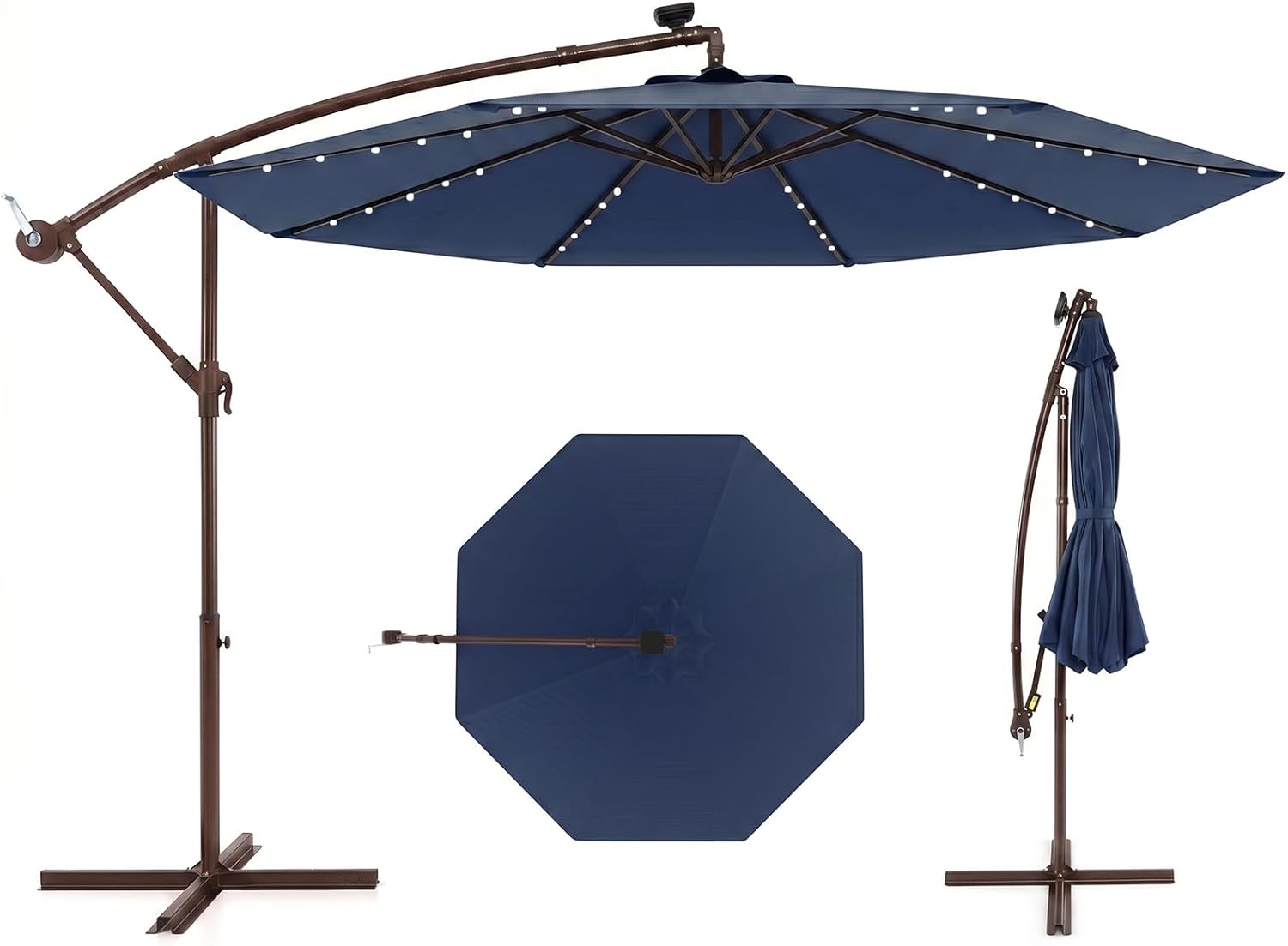 3M Parasol Ogrodowy Boczny z Wysięgnikiem i światłem LED, 8 Żebrami i Podstawą Krzyżową, Regulacją Nachylenia i Korbką (Granatowy)