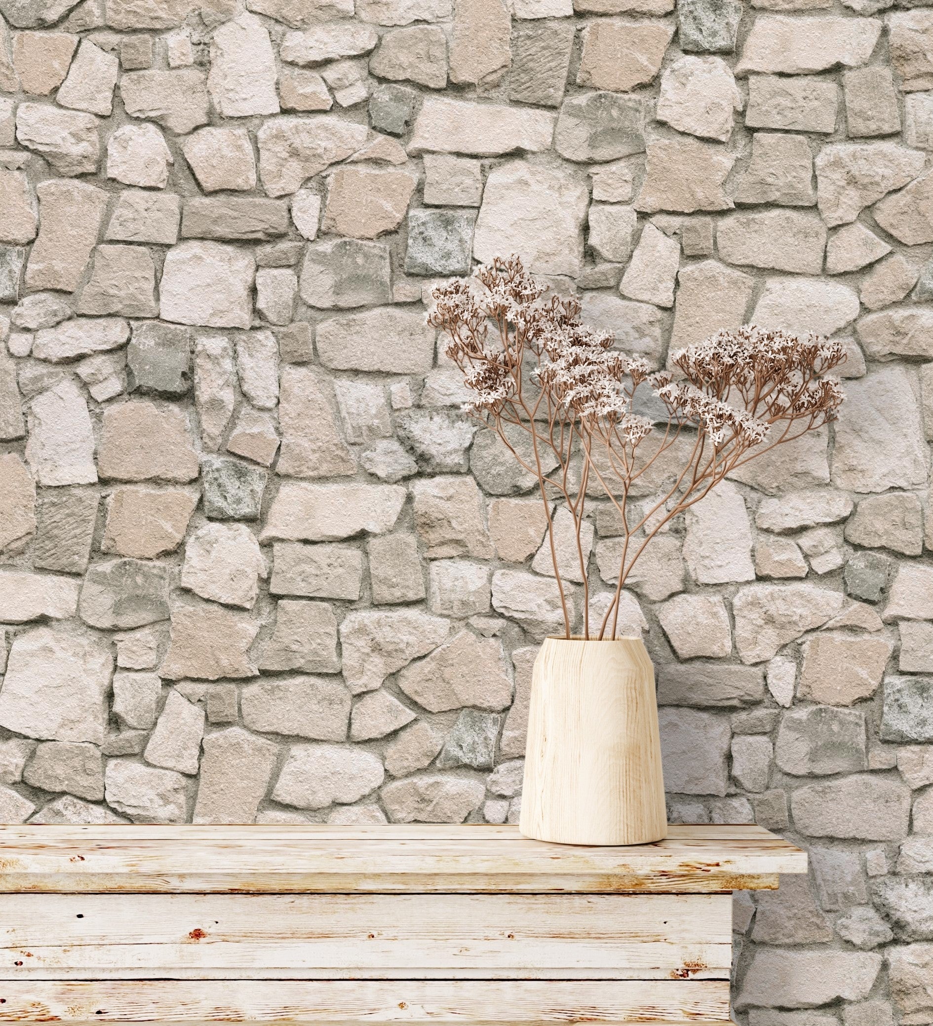 Papel pintado efecto textura de muro de piedra beige rústico con textura - salonio 453841 de gaulan - rollo de 10 m x 0,53 m