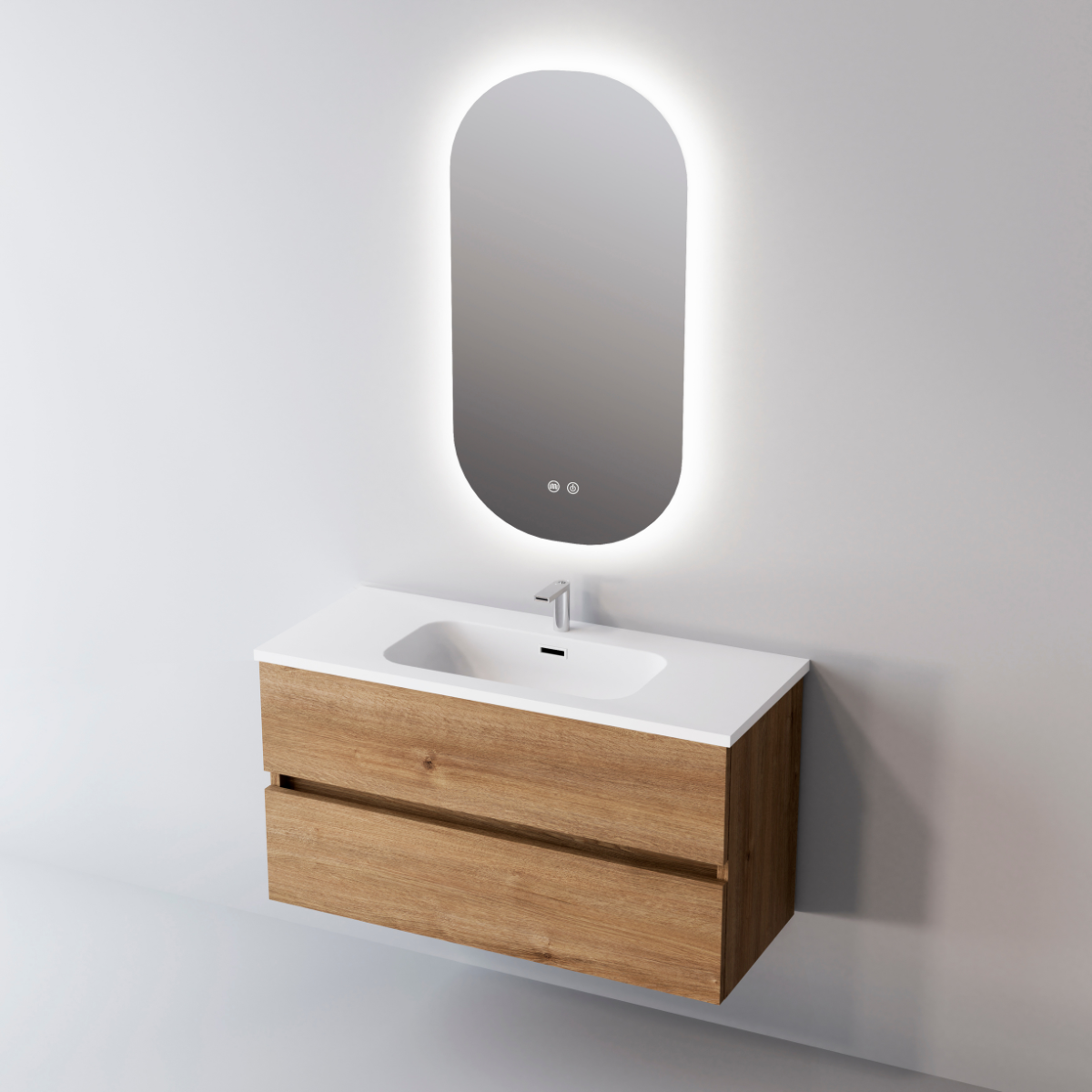 Meuble salle de bain ANCONA 61cm – Plan vasque céramique, 2 tiroirs, finition Finition Chêne Naturel, Hauteur 54cm x Profondeur 45cm - 2