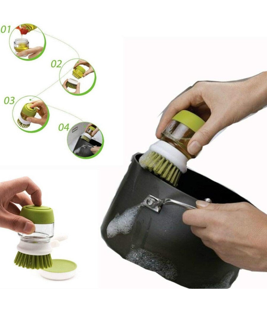 Trade Shop - Spazzola Con Dispenser Sapone Setole Rigide Antigraffio Lava Bicchieri Piatti Pentole - - 2