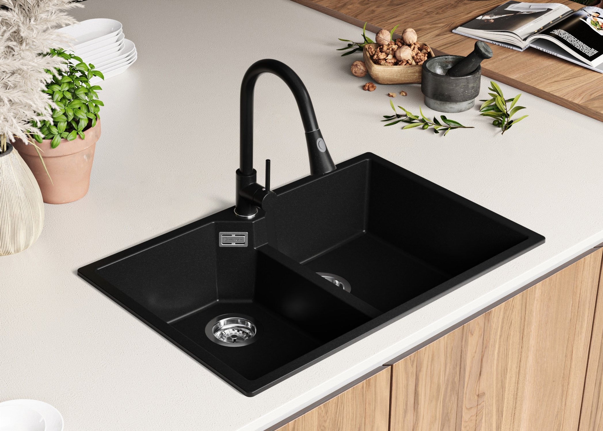 Zlewozmywak Czarny 78x50cm, Zlew Kuchenny 2 Komorowy + Syfon, Nablatowy do szafki od 80cm - Madryt Twin PRIMAGRAN