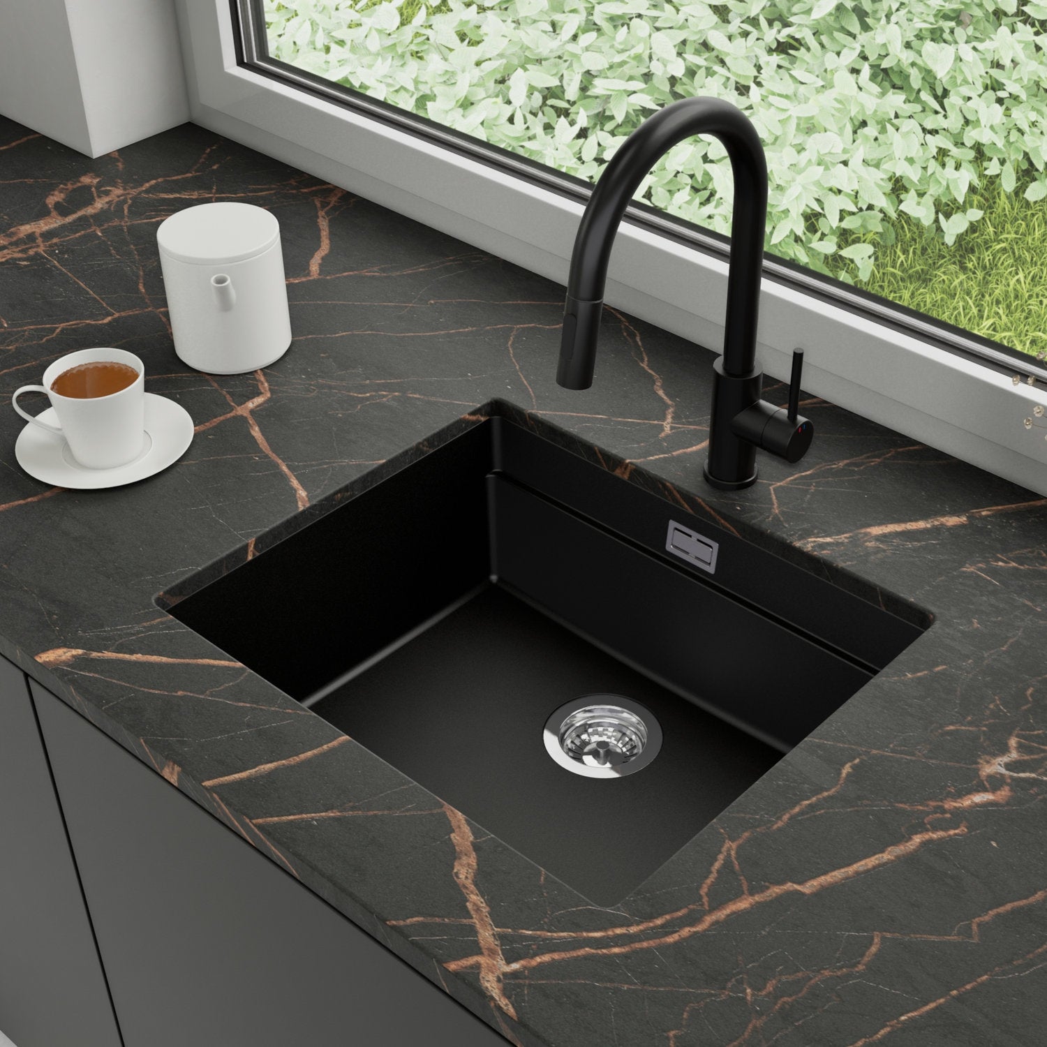 Zlewozmywak podblatowy 56x47cm, do szafki od 60cm + Bateria + Syfon - Coral Czarny STONESTYLE