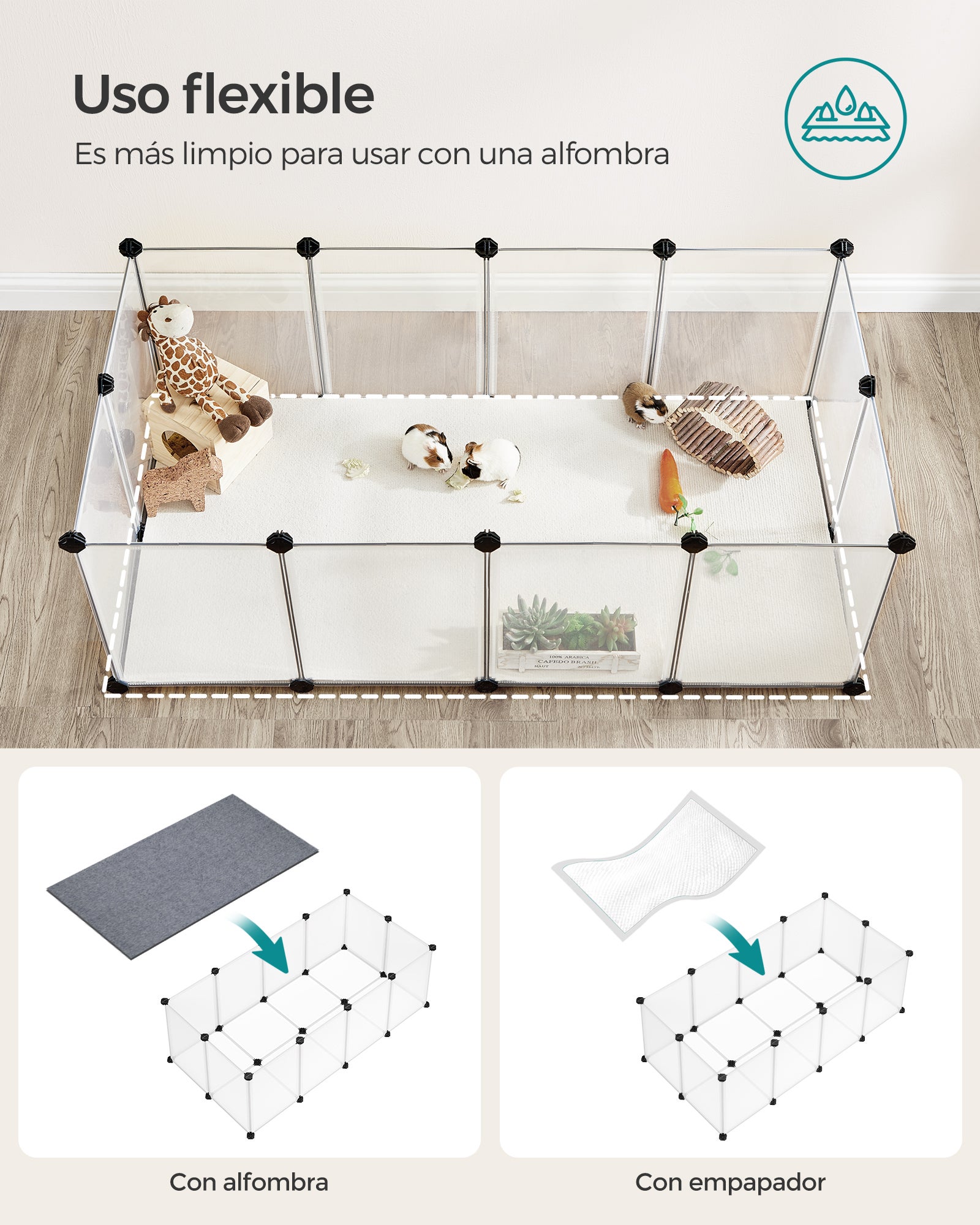 Valla para Mascotas, Parque para Cobayas con Suelo, Recinto Interior de Plástico Transparente, 125 x 63 x 42 cm, Blanco - 5