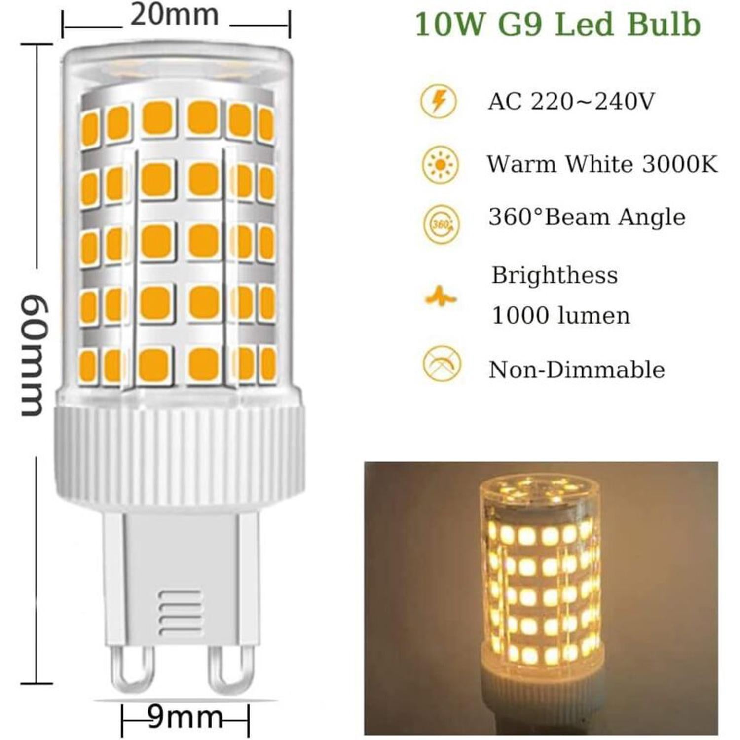 Lot de 3 Ampoules LED G9 10W Équivalent Halogène 150W, 86 LED, 1000Lm, Angle de faisceau 360°, Ultra Lumineuses, Blanc Chaud 3000K - 5