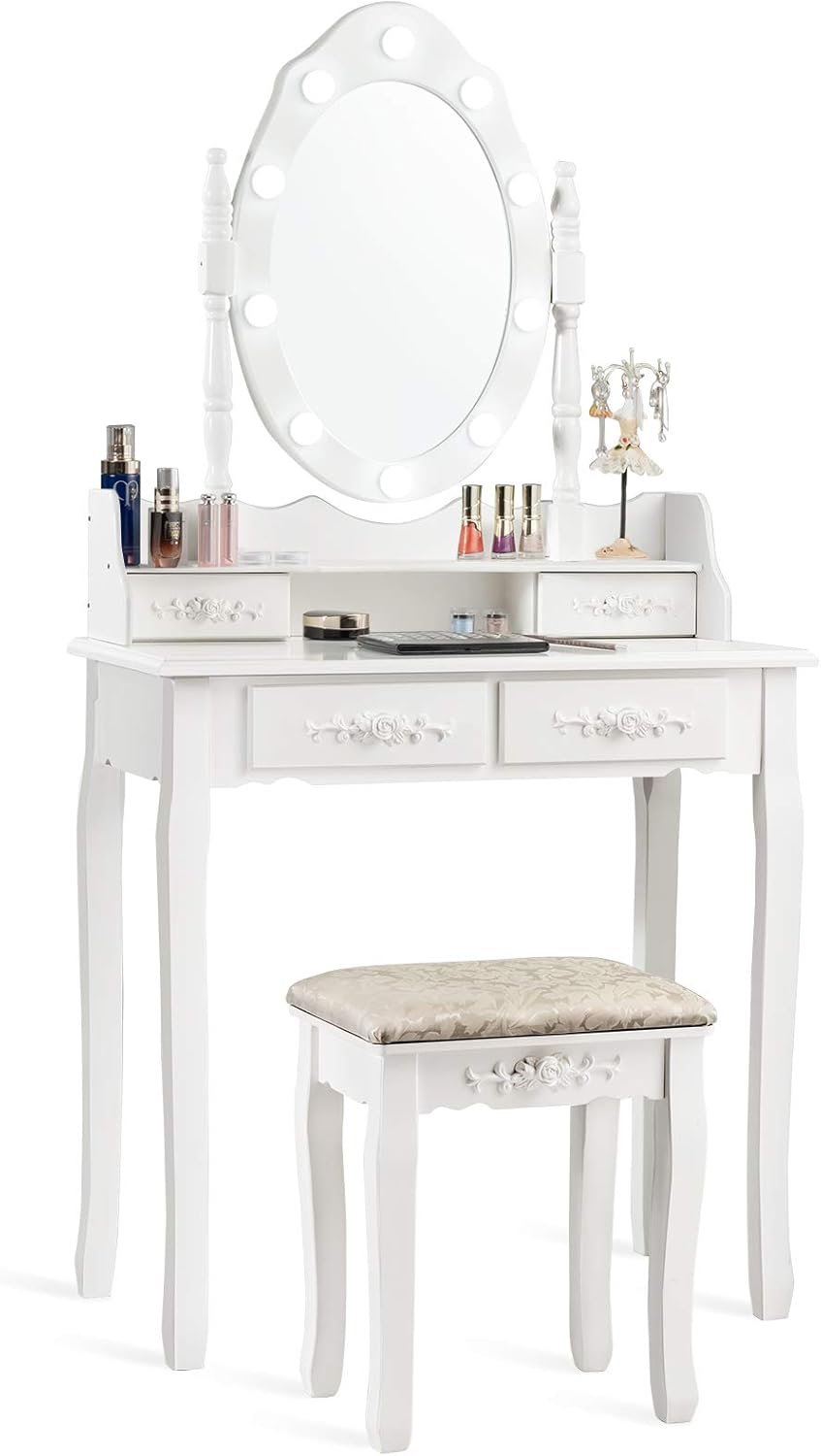 Juego De Tocador Salutmeuble Con 4 Cajones Y Espejo Giratorio - Mueble De Baño O Dormitorio En Madera Lacada Blanca, Incluye Taburete