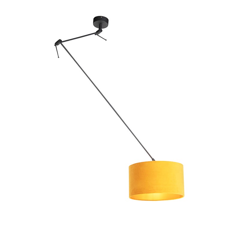 Lampa wisząca czarna z abażurem welurowym ochrowym ze złotym 35 cm - Blitz