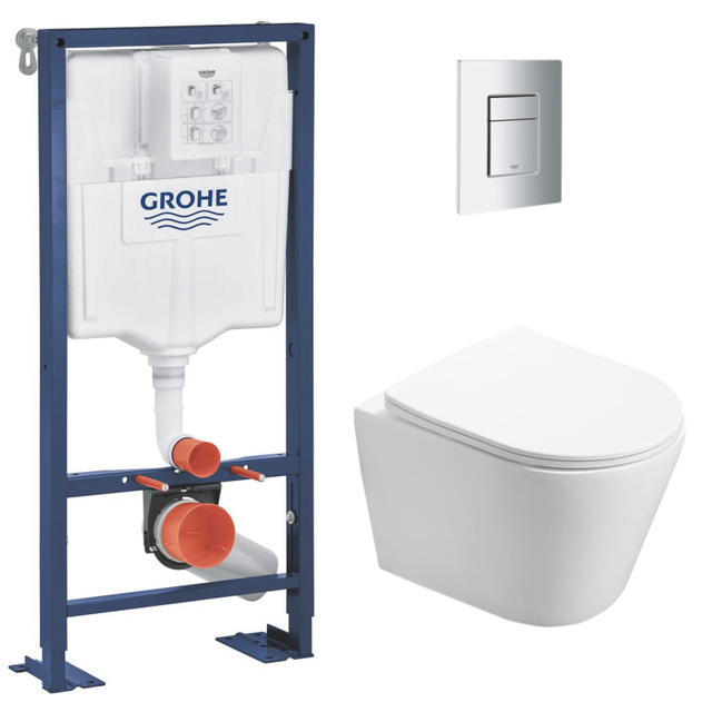 Grohe Pack WC Bati support autoportant + WC SAT sans bride + Abattant Soft close + Plaque chrome (Autoportant-Infinitio-1)