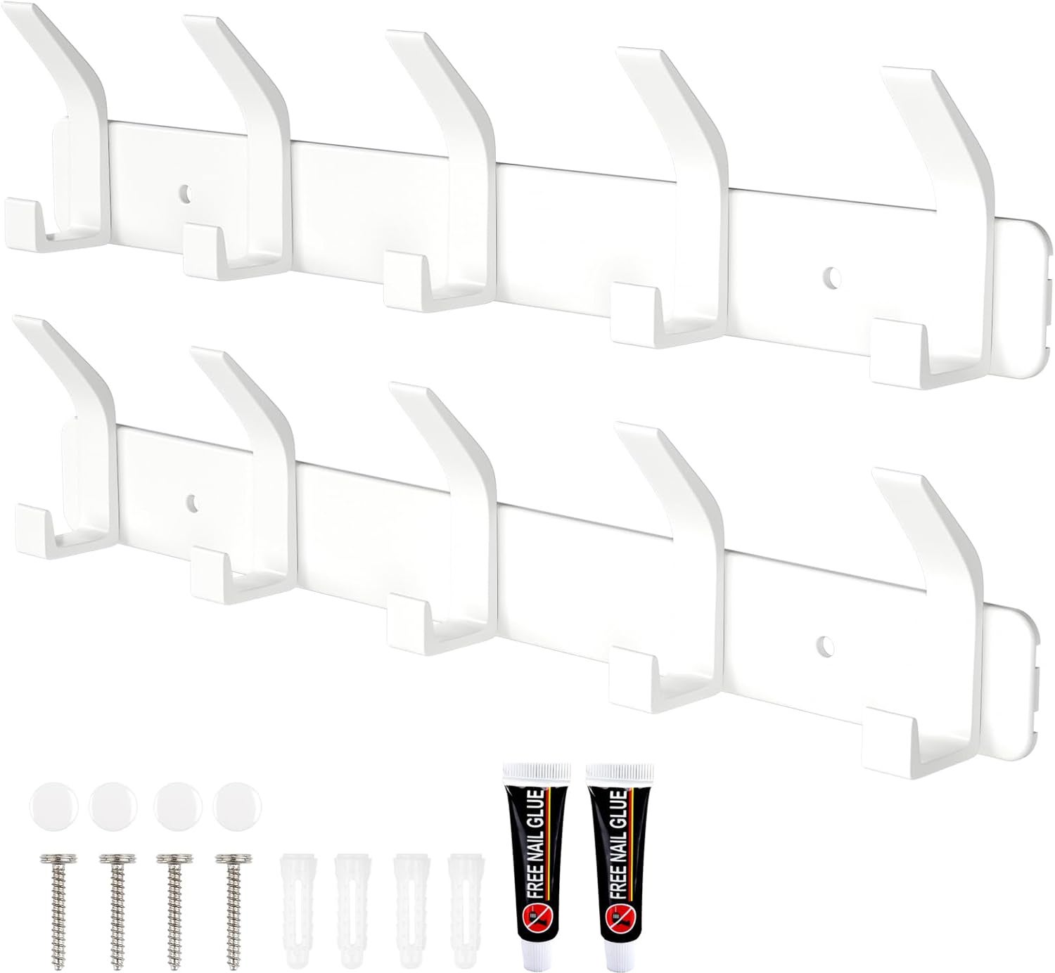Zestaw 2 wieszaków na ubrania z 5 haczykami, wieszaki ścienne, aluminiowe wieszaki na ubrania do sypialni, łazienki, kuchni, białe