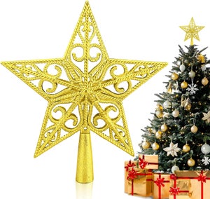 Stella Per Albero Di Natale Oro 12 Cm BESTOYARD - A 5 Punte Lucida Con Supporto A Cono, Decorazione Festiva