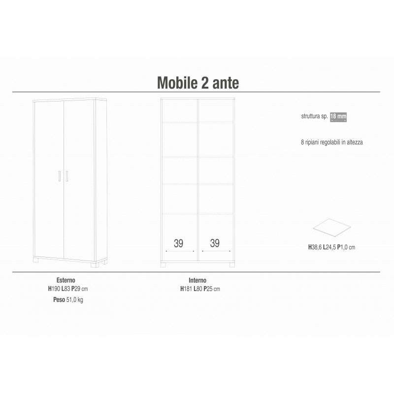Armoire 2 portes 83 L x 29 P x h 190 – Finition orme clair – Sarmog - 2