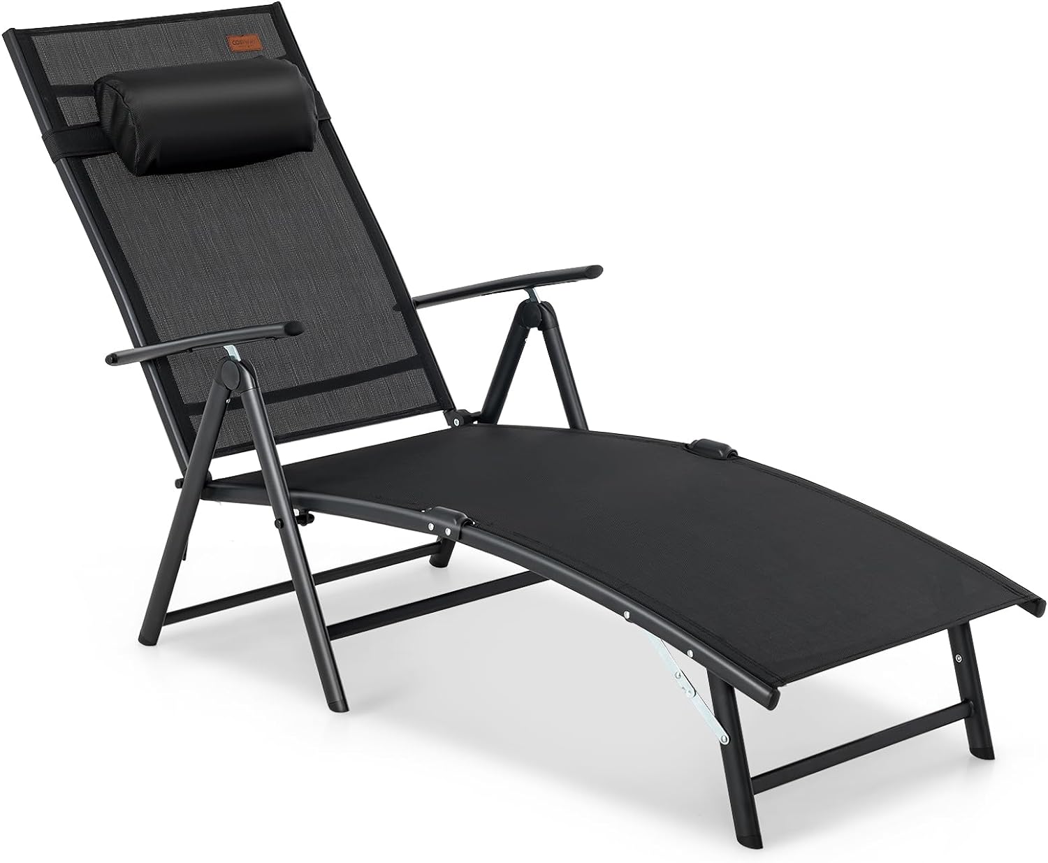 Chaise Longue Pliante avec Dossier Réglable à 7 Niveaux avec Accoudoir et Repose-tête-Transat Jardin Charge 150 KG Noir - 7